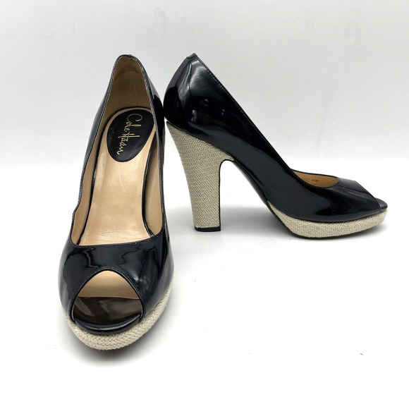 Cole Haan x NikeAir Black Patent Woven Platform Peep Toe Platform Heels 8.5B - Picture 1 of 16